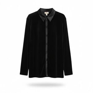 Talbots Black Velvet Satin Collar Button Up Shirt Top Women L L/S Quiet Luxury